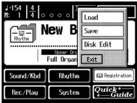 J·154 | 4 M: 1 | 4 New B Load Save Disk Edit Exit Sound/Kbd Rhythm Rec/Play System Registration Quick*_ * Guide