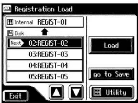Registration Load Internal REGIST-01 Disk Next 02:REGIST-02 03:REGIST-03 04:REGIST-04 05:REGIST-05 Load go to Save Exit Utility