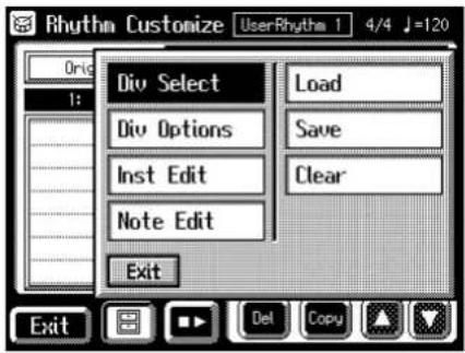 Rhythm Customize UserRhythm 1 4/4 J=120 Orig 1: Div Select Load Div Options Save Inst Edit Clear Note Edit Exit Exit