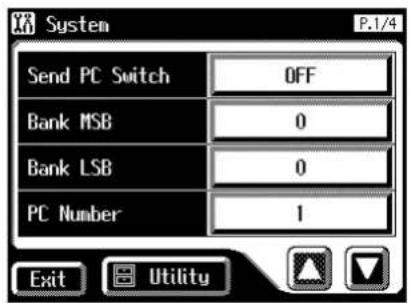 System P.1/4 Send PC Switch OFF Bank MSB 0 Bank LSB 0 PC Number 1 Exit Utility
