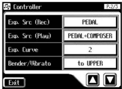 Controller P-2/3 Exp. Src (Rec) PEDAL Exp. Src (Play) PEDAL+COMPOSER Exp. Curve 2 Bender/Uibrato to UPPER Exit