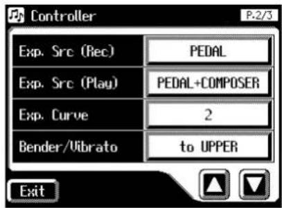 Controller P-2/3 Exp. Src (Rec) PEDAL Exp. Src (Play) PEDAL+COMPOSER Exp. Curve 2 Bender/Ubrato to UPPER Exit