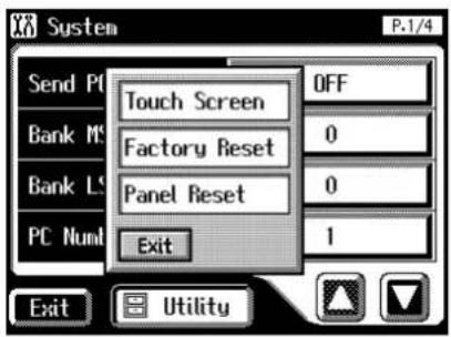 System P.1/4 Send PC Touch Screen OFF Bank MS Factory Reset 0 Bank LS Panel Reset 0 PC Num Exit 1 Exit Utility