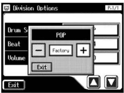 Division Options P.1/1 Drum Si Beat Volume POP Factory Exit Exit