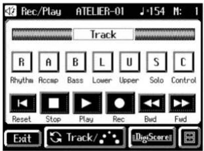 42 Rec/Play ATELIER-01 J-154 M: 1 Track R A B L U S C Rhythm Rccmp Bass Lower Upper Solo Control Reset Stop Play Rec Bwd Fwd Exit Track/ DigiScore
