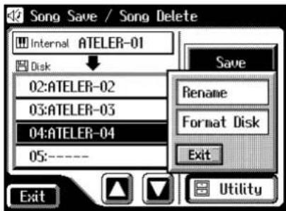 42 Song Save / Song Delete Internal ATELER-01 Disk 02:ATELER-02 03:ATELER-03 04:ATELER-04 05:---- Exit Save Rename Format Disk Exit Utility