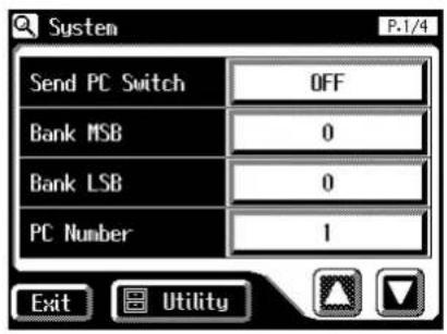 System P-1/4 Send PC Switch OFF Bank MSB 0 Bank LSB 0 PC Number 1 Exit Utility