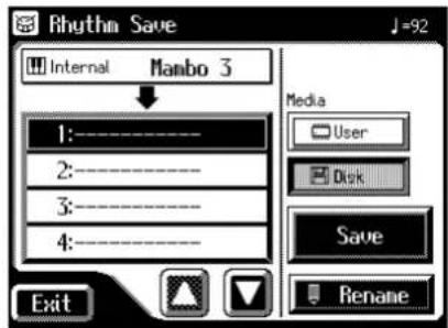 Rhythm Save Internal Manbo 3 1:---- 2:---- 3:---- 4:---- Media User Disk Save Rename Exit