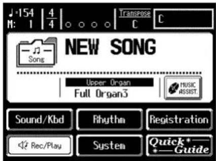 154 | 4 M: 1 | 4 | 0 0 0 0 | TransPose C C SONG NEW SONG Upper Organ Full Organ3 MUSIC ASSIST. Sound/Kbd Phythm Registration Rec/Play System Quick* Guide
