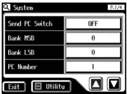 System P.1/4 Send PC Switch OFF Bank MSB 0 Bank LSB 0 PC Number 1 Exit Utility