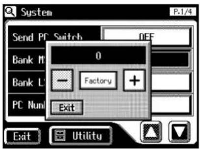 System P.1/4 Send PC Switch Bank M Bank L PC Num 0 Factory Exit Exit Utility