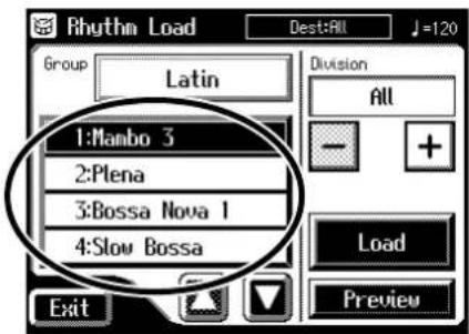 Rhythm Load Dest:All ♩=120 Group Latin Division All 1:Manbo 3 2:Plena 3:Bossa Nova 1 4:Slow Bossa Exit Load Preview