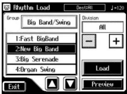Rhythm Load Dest:All J=120 Group Big Band/Swing 1:Fast BigBand 2:New Big Band 3:Big Serenade 4:Organ Swing Division All - + Load Preview Exit