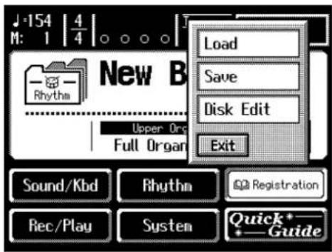 J-154 | 4 M: 1 | 4 New B Rhythm Load Save Disk Edit Exit Upper Org Full Organ Sound/Kbd Rhythm Registration Rec/Play System Quick+ +Guide