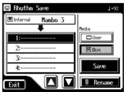 Rhythm Save Internal Manbo 3 1:---- 2:---- 3:---- 4:---- Media User Disk Save Rename Exit