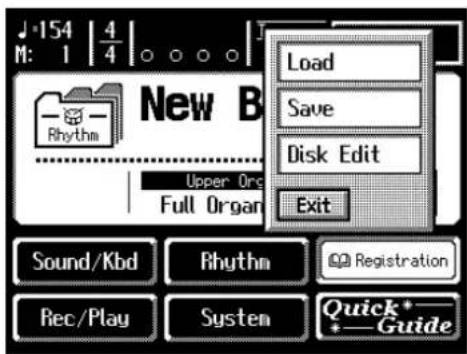 J·154 | 4 M: 1 | 4 New B Rhythm Load Save Disk Edit Exit Upper Org Full Organ Sound/Kbd Rhythm Registration Rec/Play System Quick*_ +Guide