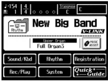 J=154 | 4 M: 1 | 4 | Transpose C New Big Band V-LINK Upper Organ Full Organ3 MUSIC ASSIST. Sound/Kbd Rhythm Registration Rec/Play System Quick* Guide