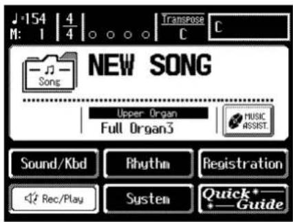 J·154 | 4 M: 1 | 4 | Transpose C C NEW SONG Upper Organ Full Organ3 MUSIC ASSIST. Sound/Kbd Rhythm Registration Rec/Play System Quick*- + Guide