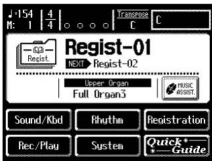 M: 1 | 4/4 | TransPose C Regist-01 NEXT Regist-02 Upper Organ Full Organ3 MUSIC ASSIST. Sound/Kbd Rhythm Registration Rec/Play System Quick* Guide