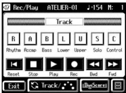 Rec/Play ATELIER-01 J=154 M: 1 Track R A B L U S C Rhythm Accap Bass Lower Upper Solo Control Reset Stop Play Rec Bwd Fwd Exit Track/... DigitScore
