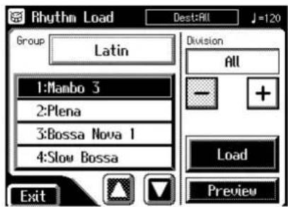 Rhythm Load Dest:All J=120 Group Latin 1:Manbo 3 2:Plena 3:Bossa Nova 1 4:Slow Bossa Division All - + Load Preview Exit