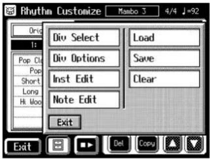 Rhythm Customize Mamba 3 4/4 J=92 Orig 1: Pop Clu Pop Short Long Hi Woo Div Select Load Div Options Save Inst Edit Clear Note Edit Exit Exit
