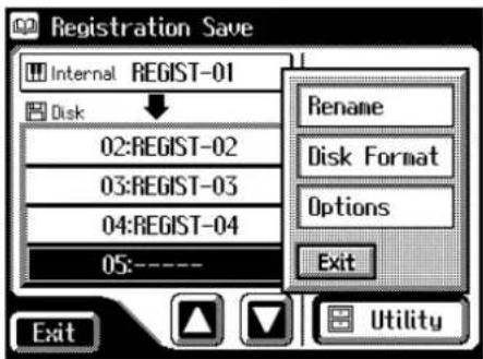 Registration Save Internal REGIST-01 Disk 02:REGIST-02 03:REGIST-03 04:REGIST-04 05:---- Rename Disk Format Options Exit Utility