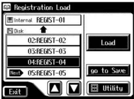 Registration Load Internal REGIST-01 Disk 02:REGIST-02 03:REGIST-03 04:REGIST-04 Next 05:REGIST-05 Load go to Save Exit Utility