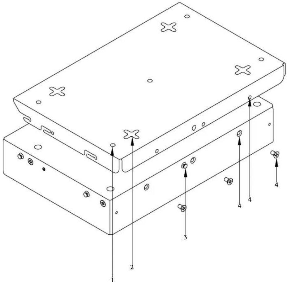 Technical diagram of an electronic device with numbered components and mounting holes, likely for assembly or maintenance instructions.