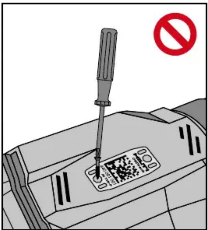 Illustration showing a screwdriver inserted into a QR code on a device, with a red prohibition symbol nearby.