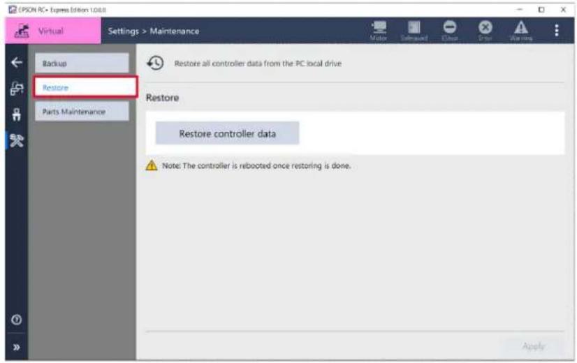 PCON PC - Express Edition 10.0.8 Virtual Settings > Maintenance Backup Restore Parts Maintenance Restore all controller data from the PC local drive Restore Restore controller data Note: The controller is rebooted once restoring is done. Apply