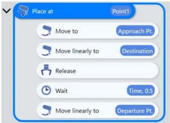 Place at Point1 Move to Approach Pt. Move linearly to Destination Release Wait Time, 0.5 Move linearly to Departure Pt.