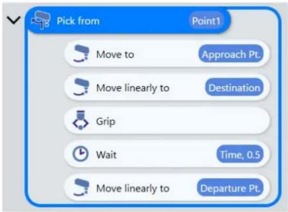 Pick from Point1 Move to Approach Pt. Move linearly to Destination Grip Wait Time, 0.5 Move linearly to Departure Pt.