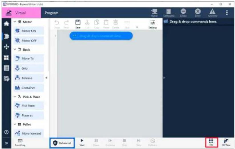 EPSON RC - Express Edition 5.1.0 Virtual Program Motor Motor ON Motor OFF Basic Move To Grip Release Container Pick & Place Pick from Place at Pallet Move forward Event Log Rehearts! Start Show Cancel Stop Play Help Settings Drag & drop commands here. 3D View