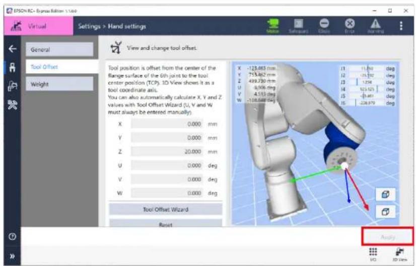 ESON RC - Express Edition 1.1.00 Virtual Settings > Hand settings General Tool Offset Weight View and change tool offset. Tool position is offset from the center of the flange surface of the 6th joint to the tool center position (TCP). 3D View shows it as a tool coordinate axis. You can also automatically calculate X, Y and Z values with Tool Offset Wizard (U, V and W must always be entered manually). X -123.863 mm Y 753.462 mm Z 499.730 mm U 0.000 deg V 4.513 deg W -108.648 deg Tool Offset Wizard Reset Apply LOG 2D View