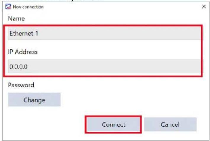 New connection Name Ethernet 1 IP Address 0.0.0.0 Password Change Connect Cancel
