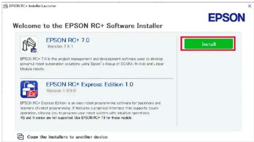 EPSON RC+ Installer Launcher Welcome to the EPSON RC+ Software Installer EPSON RC+ 7.0 Version 7.5.1 EPSON RC+ 7.0 is the project management and development software used to develop powerful robot automation solutions using Epson's lineup of SCARA, 6-Axis and Linear Module robots. EPSON RC+ Express Edition 1.0 Version 1.0.0 EPSON RC+ Express Edition is an easy robot programming software for beginners and learners of robot programming. It features a graphical interface that supports touch operation, allowing you to program your robot system with intuitive operations. RS and N series are not supported. Use EPSON RC+ 7.0 for these models. Copy the installers to another device