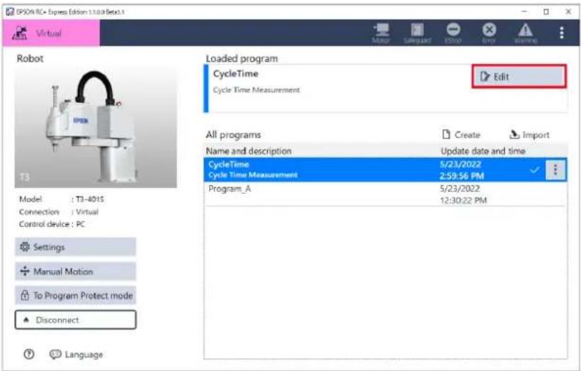 BPSOM RC- Express (edition 1.1.0.3 Beta.1 Virtual Robot Loaded program CycleTime Cycle Time Measurement Edit All programs Name and description Update date and time CycleTime 5/23/2022 Cycle Time Measurement 2:59:56 PM Program_A 5/23/2022 12:30:22 PM Settings Manual Motion To Program Protect mode Disconnect Language
