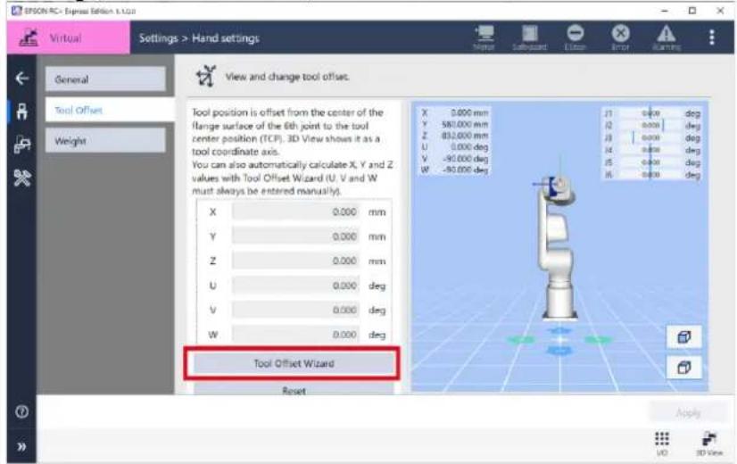 EFSON RC - Express Edition 1.12.28 Virtual Settings > Hand settings General Tool Offset Weight View and change tool offset. Tool position is offset from the center of the flange surface of the 6th joint to the tool center position (TCP). 3D View shows it as a tool coordinate axis. You can also automatically calculate X, Y and Z values with Tool Offset Wizard (U, V and W must always be entered manually). X 0.000 mm Y 0.000 mm Z 0.000 mm U 0.000 deg V 0.000 deg W 0.000 deg Tool Offset Wizard Reset Apply UO 3D View