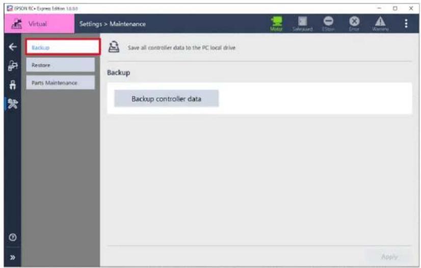 SPSON RC Express Edition 10.00 Virtual Settings > Maintenance Save all controller data to the PC local drive Backup Backup controller data Apply