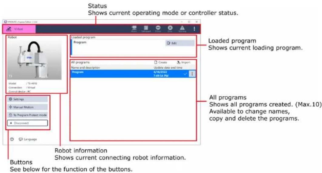 Status Shows current operating mode or controller status. Loaded program Program Edit All programs Create Import Name and description Update data and time Program 4/14/2022 7:49:54 PM All programs Shows all programs created. (Max.10) Available to change names, copy and delete the programs. Settings Manual Motion To Program Protect mode Disconnect Language Robot information Shows current connecting robot information. Buttons See below for the function of the buttons.