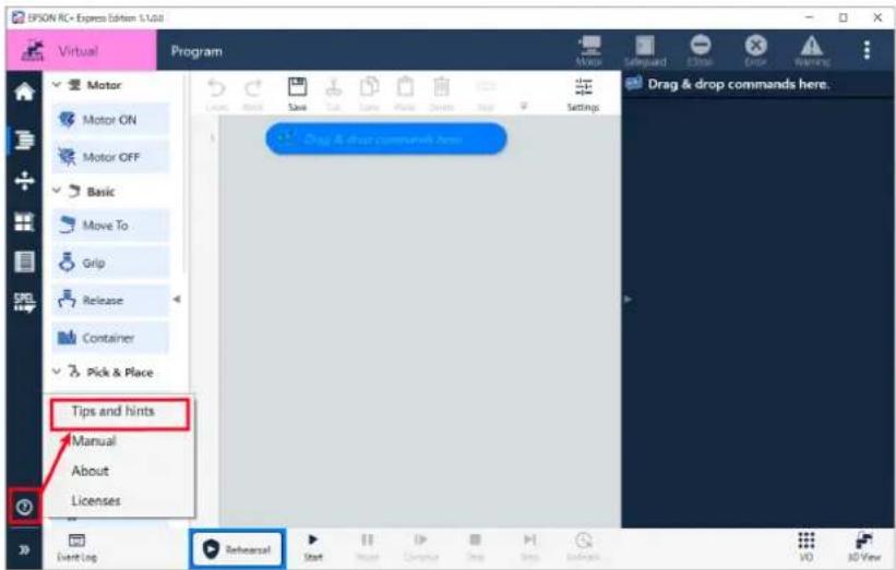 OPSON RC - Express Editor 5.1.04 Virtual Program Motor Motor ON Motor OFF Basic Move To Grip Release Container Pick & Place Tips and hints Manual About Licenses Event Log Rehearsal Start Start Computer One Stop Refresh Drag & drop commands here. VO NO View