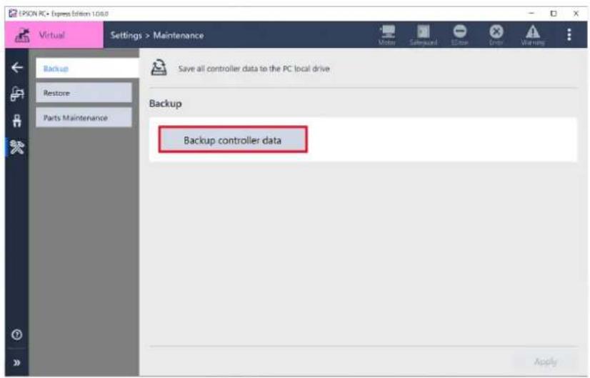 LPION PC • Express billion 1.06.8 Virtual Settings > Maintenance Save all controller data to the PC local drive Backup Backup controller data Apply