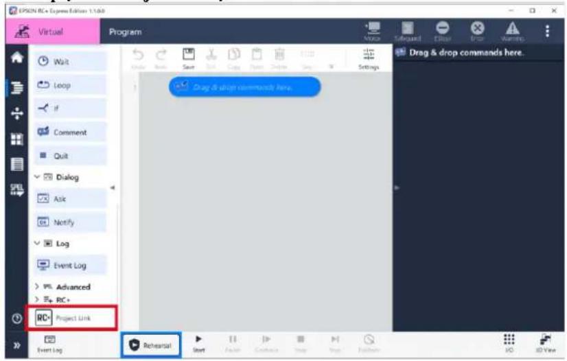 EPCN RC + Express Edition 1.1.08 Virtual Program Wait Loop if Comment Quit Dialog Ask Notify Log Event Log > P5 Advanced > RC> RC+ Project Link Event Log Rehearsal Start Action Contacts Trap Drag Posters Drag & drop commands here. Hold Set up Clear Prior Warning JD JD View