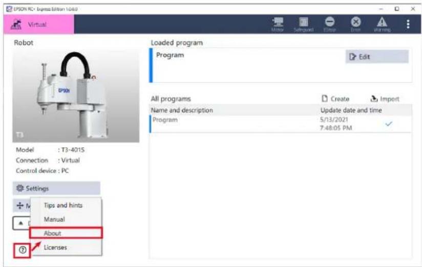 UPSON PC - Express Edition 10.0.0 Virtual Robot Loaded program Program Edit Model : T3-4015 Connection : Virtual Control device : PC Settings Tips and hints Manual About Licenses All programs Name and description Program Update date and time 5/13/2021 7:48:05 PM Import