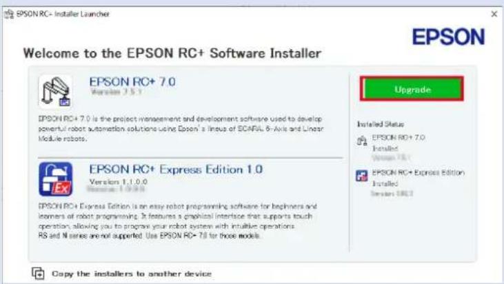EPSON RC+ Installer Launcher Welcome to the EPSON RC+ Software Installer EPSON RC+ 7.0 Version 7.5.1 EPSON RC+ 7.0 is the project management and development software used to develop preventful robot automation solutions using Epson's Lineup of SCAPAL 6-Axis and Linear Module robots. EPSON RC+ Express Edition 1.0 Version 1.1.0.0 Version 1.2.0.0 EPSON RC+ Express Edition is an easy robot programming software for beginners and learners of robot programming. It features a graphical interface that supports touch operation, allowing you to program your robot system with intangible operations. RS and N series are not supported. Use EPSON RC+ 7.0 for those models. Upgrade Installed Status EPSON RC+ 7.0 Installed Version 7.5.1 EPSON RC+ Express Edition Installed System 38.2 Copy the installers to another device