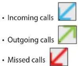 • Incoming calls • Outgoing calls • Missed calls