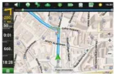 Screenshot of a map interface showing a blue route with a green arrow indicating direction, alongside a navigation toolbar with time and distance values.