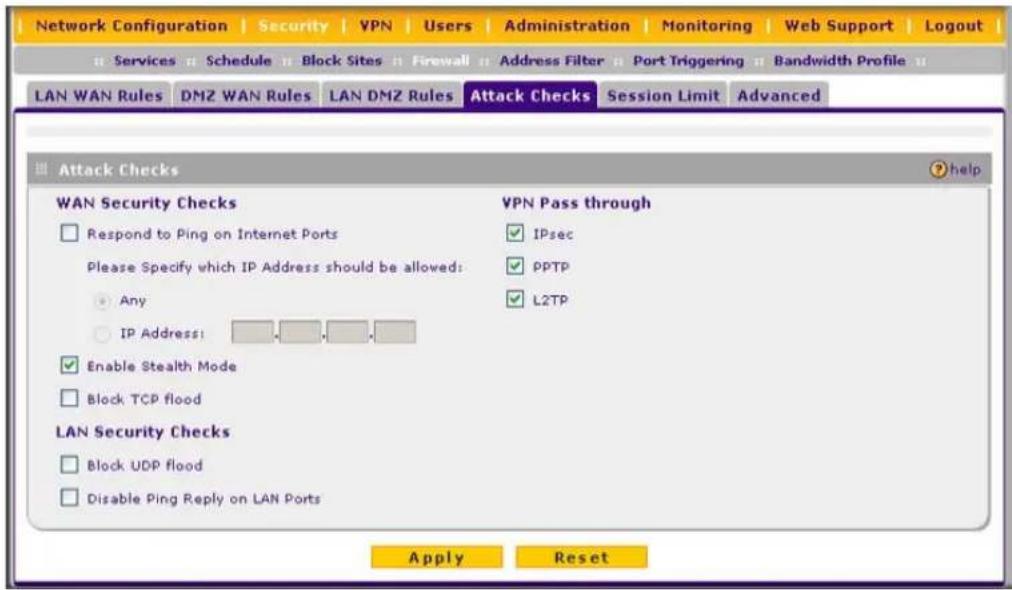 Network Configuration | Security | VPN | Users | Administration | Monitoring | Web Support | Logout | Services Schedule Block Sites Firewall Address Filter Port Triggering Bandwidth Profile LAN WAN Rules DMZ WAN Rules LAN DMZ Rules Attack Checks Session Limit Advanced Attack Checks WAN Security Chec…