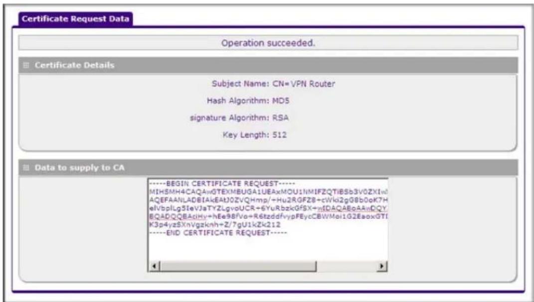 Certificate Request Data Operation succeeded. Certificate Details Subject Name: CN=VPN Router Hash Algorithm: MD5 signature Algorithm: RSA Key Length: 512 Data to supply to CA ----BEGIN CERTIFICATE REQUEST---- MIHSMH4CAQAwGTEXMBUGA1UEAxMOU1NMIFZQTIBSb3V0ZXIw AQEFAANLADBIAkEAtJ0ZVQHmp/+Hu2RGFZ8+cWki2…